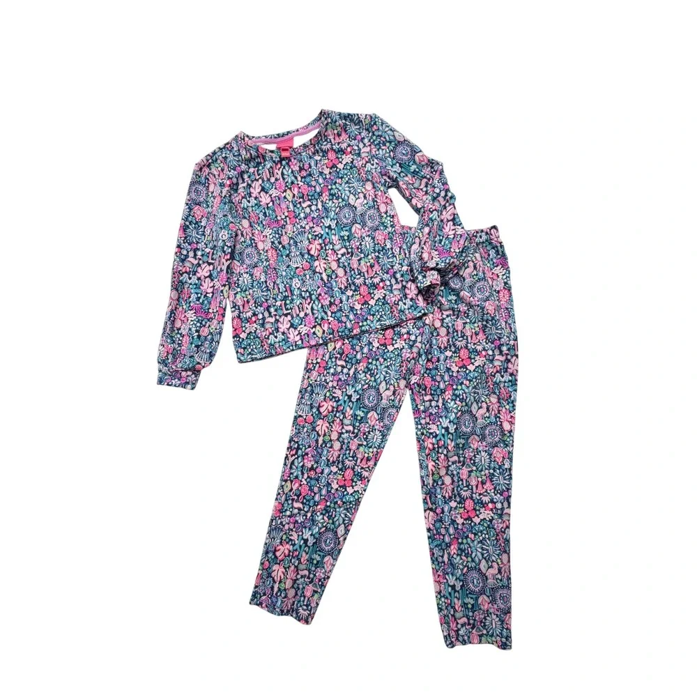 Lilly Pulitzer Kids 2 Piece Set Pants Top Floral Flamingo Pink Blue XL 12-14